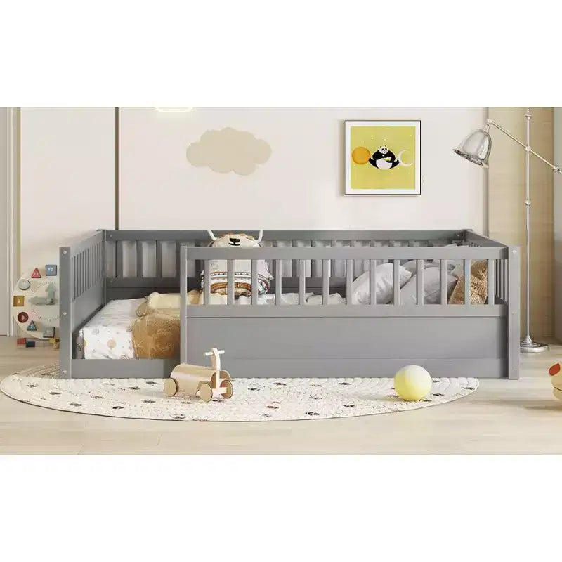 Bellemave Kids Floor Bed with Fence and Door, Solid Pine Wood Montessori Play Bed for Toddlers, Low Design for Safety & Independence