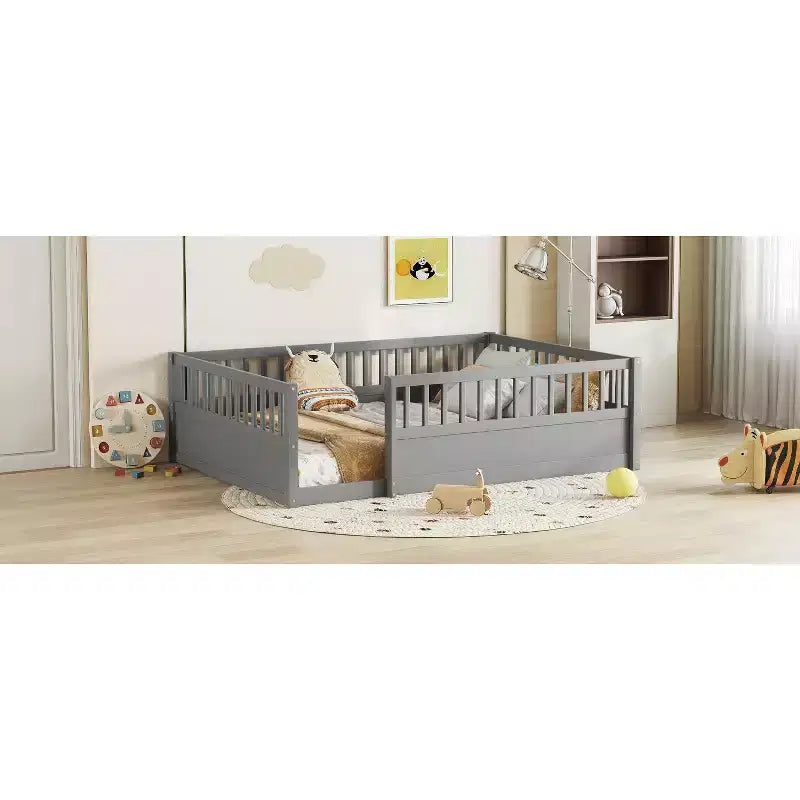 Bellemave Kids Floor Bed with Fence and Door, Solid Pine Wood Montessori Play Bed for Toddlers, Low Design for Safety & Independence