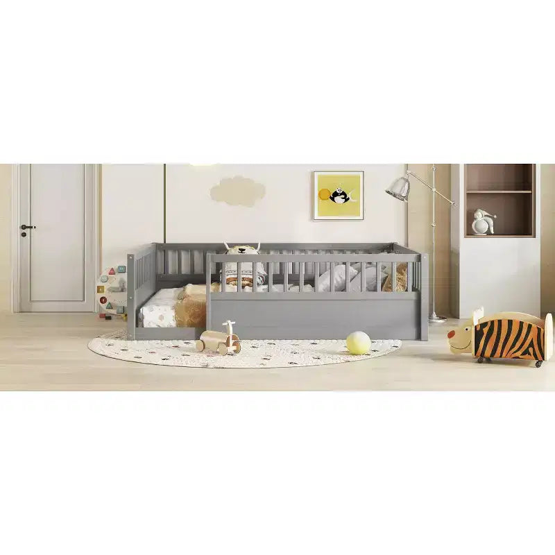 Bellemave Kids Floor Bed with Fence and Door, Solid Pine Wood Montessori Play Bed for Toddlers, Low Design for Safety & Independence