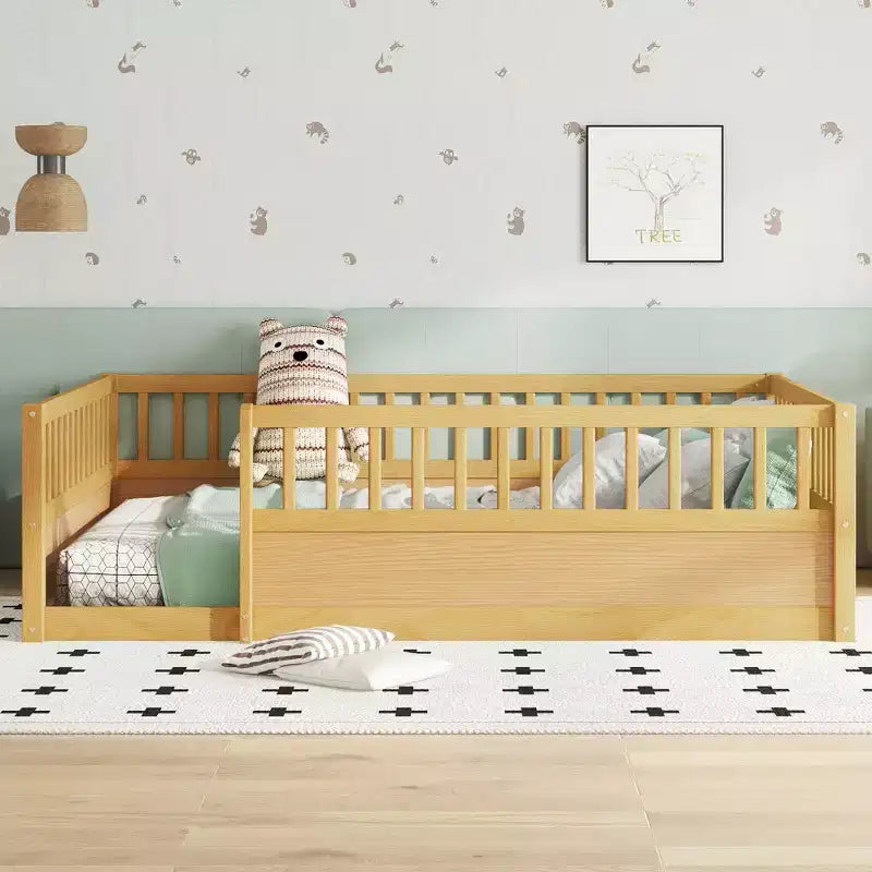 Bellemave Kids Floor Bed with Fence and Door, Solid Pine Wood Montessori Play Bed for Toddlers, Low Design for Safety & Independence
