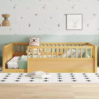 Bellemave Kids Floor Bed with Fence and Door, Solid Pine Wood Montessori Play Bed for Toddlers, Low Design for Safety & Independence