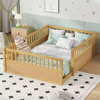 Bellemave Kids Floor Bed with Fence and Door, Solid Pine Wood Montessori Play Bed for Toddlers, Low Design for Safety & Independence
