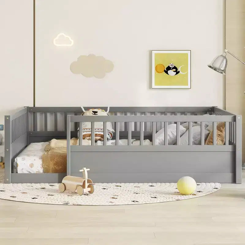 Bellemave Kids Floor Bed with Fence and Door, Solid Pine Wood Montessori Play Bed for Toddlers, Low Design for Safety & Independence