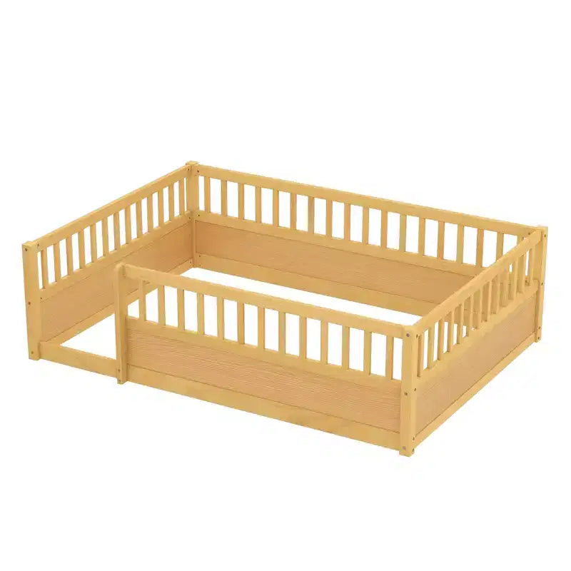 Bellemave Kids Floor Bed with Fence and Door, Solid Pine Wood Montessori Play Bed for Toddlers, Low Design for Safety & Independence