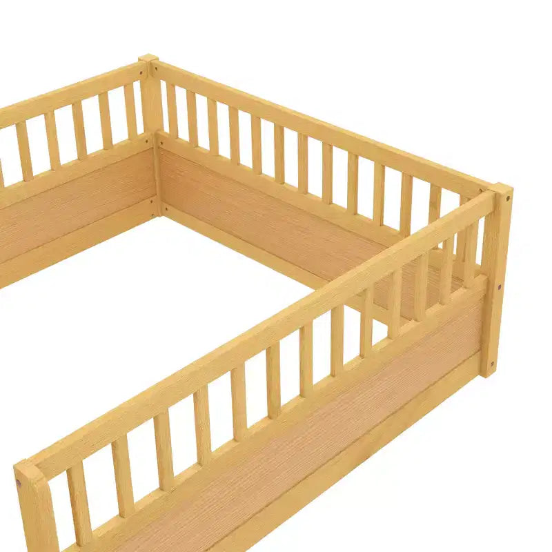 Bellemave Kids Floor Bed with Fence and Door, Solid Pine Wood Montessori Play Bed for Toddlers, Low Design for Safety & Independence