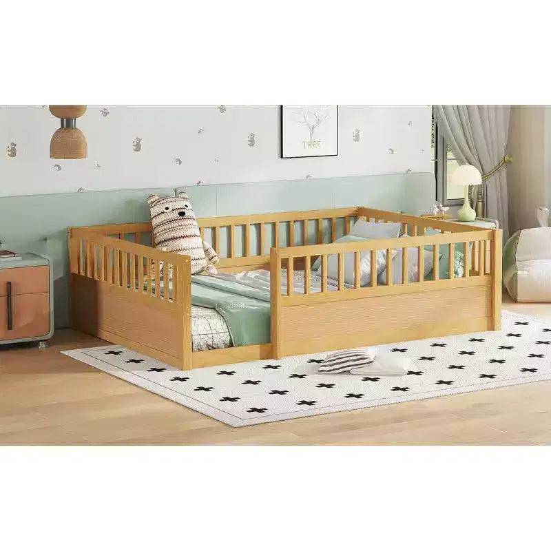 Bellemave Kids Floor Bed with Fence and Door, Solid Pine Wood Montessori Play Bed for Toddlers, Low Design for Safety & Independence