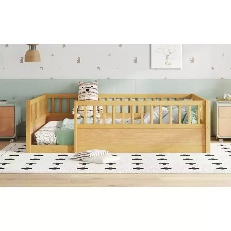 Bellemave Kids Floor Bed with Fence and Door, Solid Pine Wood Montessori Play Bed for Toddlers, Low Design for Safety & Independence