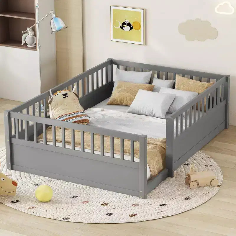 Bellemave Kids Floor Bed with Fence and Door, Solid Pine Wood Montessori Play Bed for Toddlers, Low Design for Safety & Independence