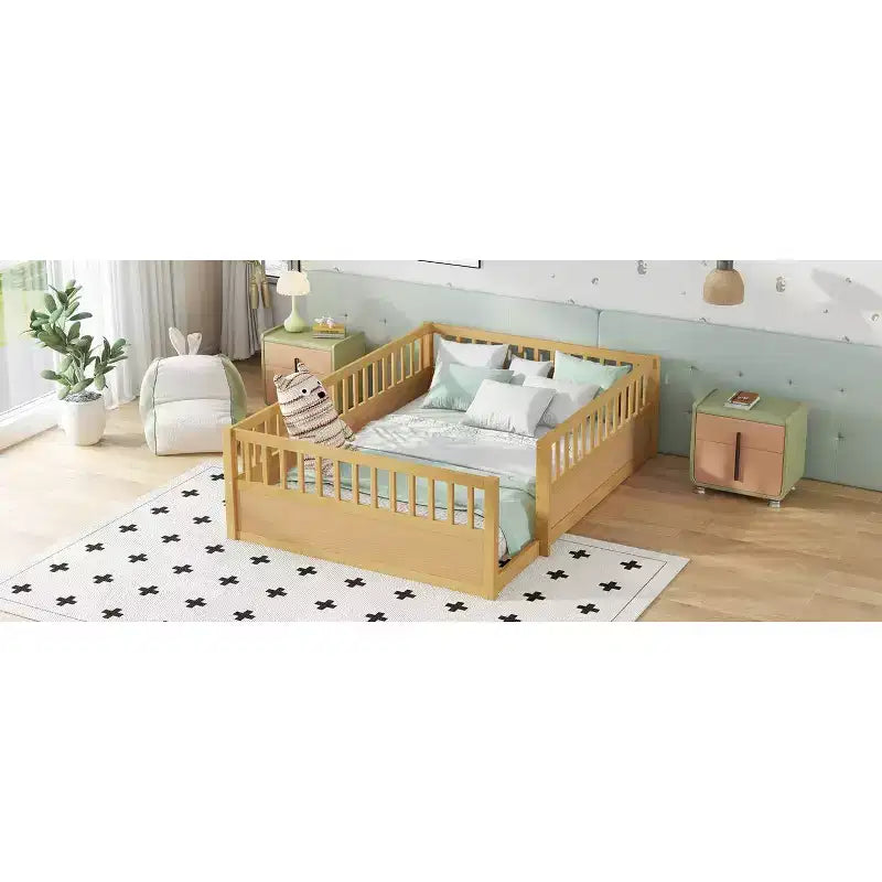 Bellemave Kids Floor Bed with Fence and Door, Solid Pine Wood Montessori Play Bed for Toddlers, Low Design for Safety & Independence