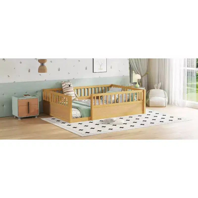 Bellemave Kids Floor Bed with Fence and Door, Solid Pine Wood Montessori Play Bed for Toddlers, Low Design for Safety & Independence