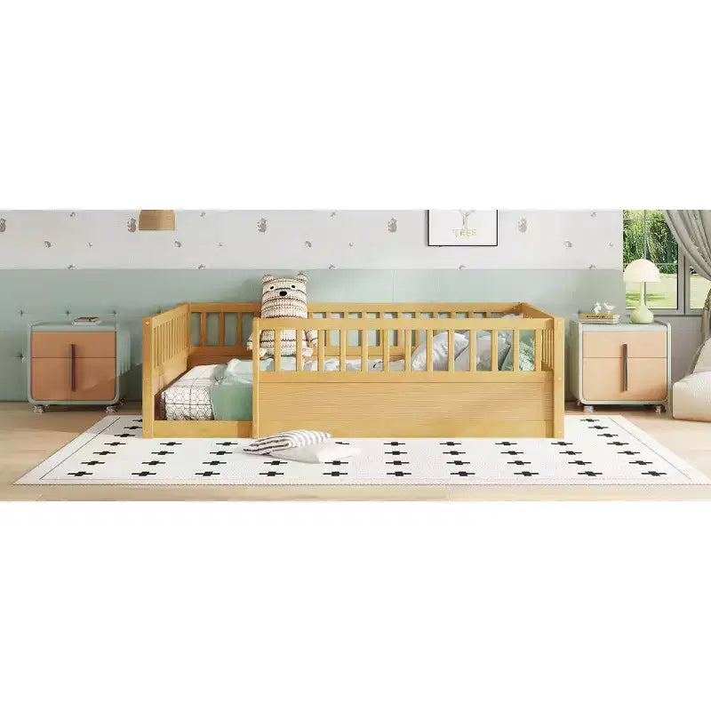 Bellemave Kids Floor Bed with Fence and Door, Solid Pine Wood Montessori Play Bed for Toddlers, Low Design for Safety & Independence