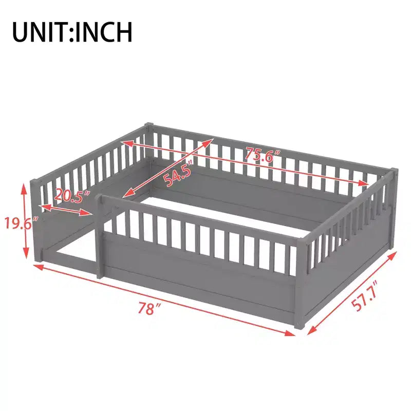 Bellemave Kids Floor Bed with Fence and Door, Solid Pine Wood Montessori Play Bed for Toddlers, Low Design for Safety & Independence