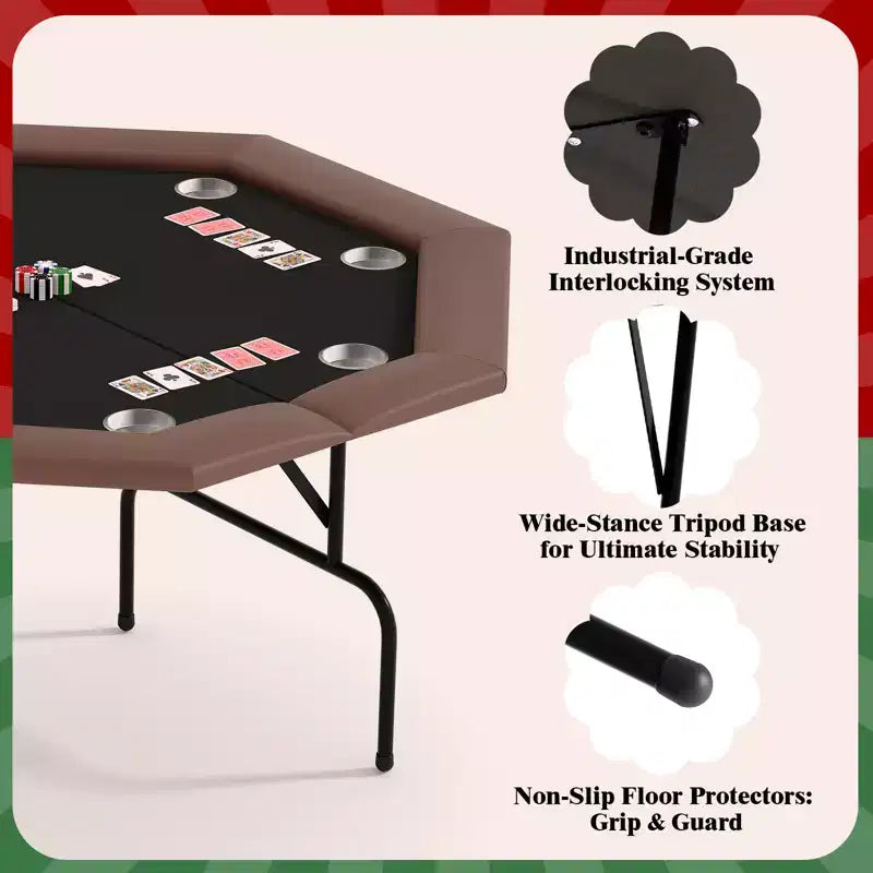 Padded Rails and Cup Holders  IdealFoldable Octagon Poker Table for 8 Players, Portable Casino Game Table with Sturdy Metal Legs, Padded Rails