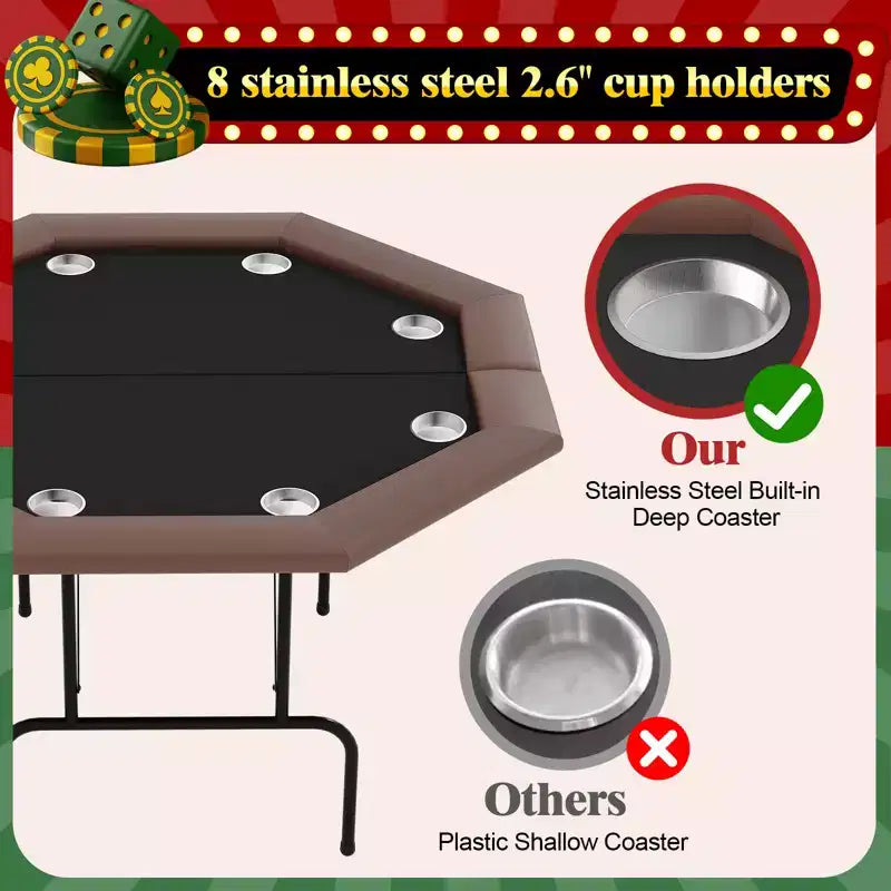 Padded Rails and Cup Holders  IdealFoldable Octagon Poker Table for 8 Players, Portable Casino Game Table with Sturdy Metal Legs, Padded Rails
