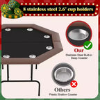 Padded Rails and Cup Holders  IdealFoldable Octagon Poker Table for 8 Players, Portable Casino Game Table with Sturdy Metal Legs, Padded Rails