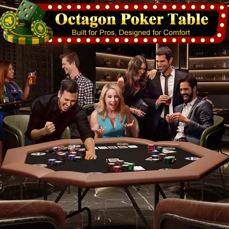 Padded Rails and Cup Holders  IdealFoldable Octagon Poker Table for 8 Players, Portable Casino Game Table with Sturdy Metal Legs, Padded Rails