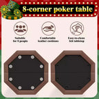 Padded Rails and Cup Holders  IdealFoldable Octagon Poker Table for 8 Players, Portable Casino Game Table with Sturdy Metal Legs, Padded Rails