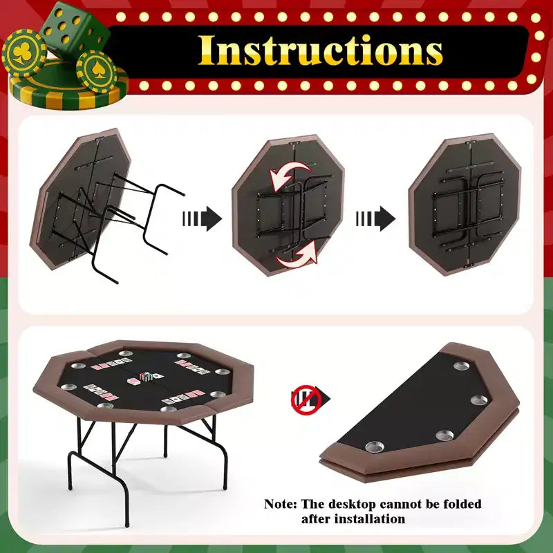 Padded Rails and Cup Holders  IdealFoldable Octagon Poker Table for 8 Players, Portable Casino Game Table with Sturdy Metal Legs, Padded Rails