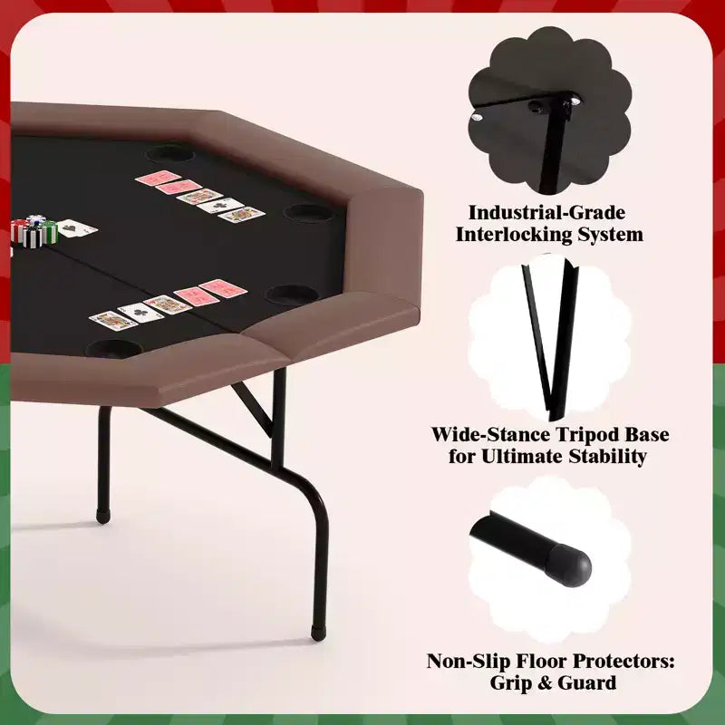 Padded Rails and Cup Holders  IdealFoldable Octagon Poker Table for 8 Players, Portable Casino Game Table with Sturdy Metal Legs, Padded Rails