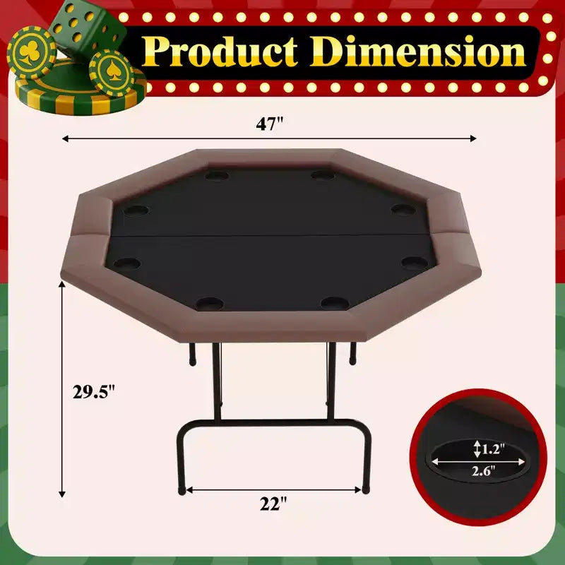 Padded Rails and Cup Holders  IdealFoldable Octagon Poker Table for 8 Players, Portable Casino Game Table with Sturdy Metal Legs, Padded Rails