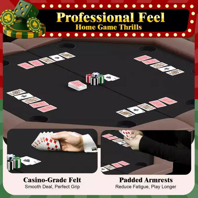 Padded Rails and Cup Holders  IdealFoldable Octagon Poker Table for 8 Players, Portable Casino Game Table with Sturdy Metal Legs, Padded Rails