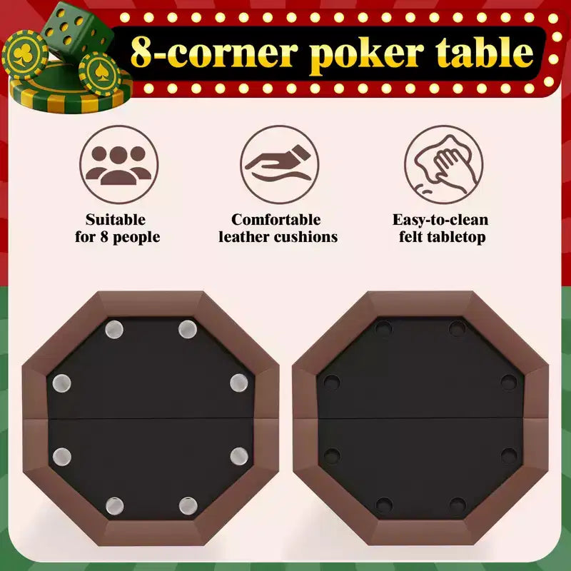 Padded Rails and Cup Holders  IdealFoldable Octagon Poker Table for 8 Players, Portable Casino Game Table with Sturdy Metal Legs, Padded Rails