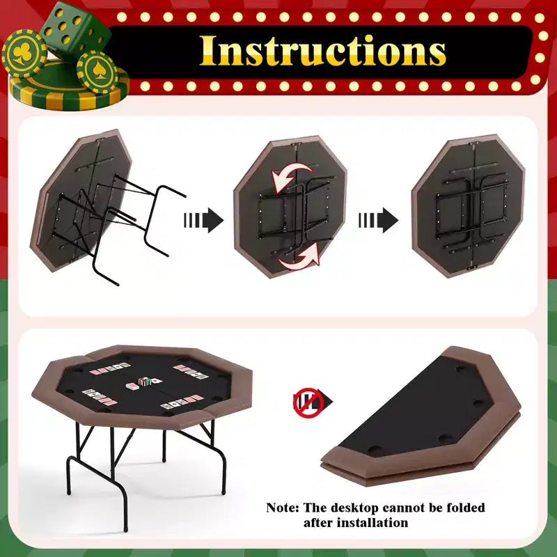 Padded Rails and Cup Holders  IdealFoldable Octagon Poker Table for 8 Players, Portable Casino Game Table with Sturdy Metal Legs, Padded Rails