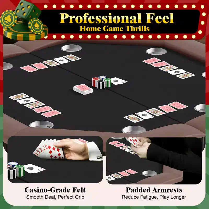 Padded Rails and Cup Holders  IdealFoldable Octagon Poker Table for 8 Players, Portable Casino Game Table with Sturdy Metal Legs, Padded Rails