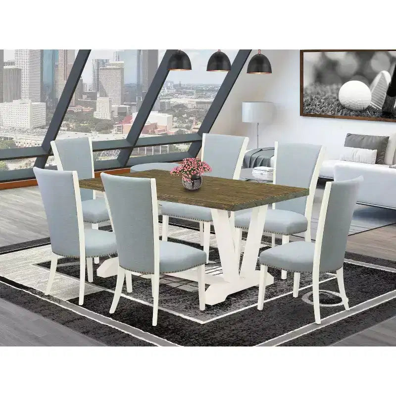 HomeStock 7-Piece Distressed Jacobean Finish Solid Wood Top Dining Table with 6-Chairs
