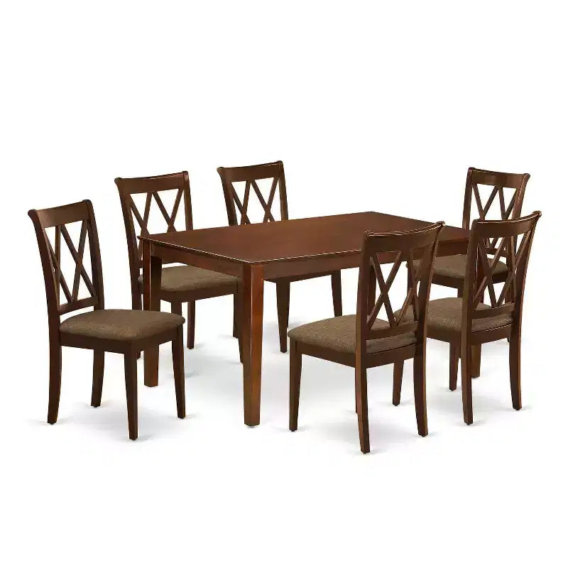 HomeStock 7-Piece Rectangle Mahogany Finish Solid Wood Top Dining Table with 6-Chairs with Cross Back