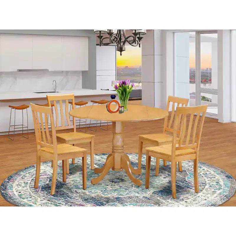 HomeStock 5-Piece Round Natural Oak Finish Solid Wood Top Dining table with 4 Chairs