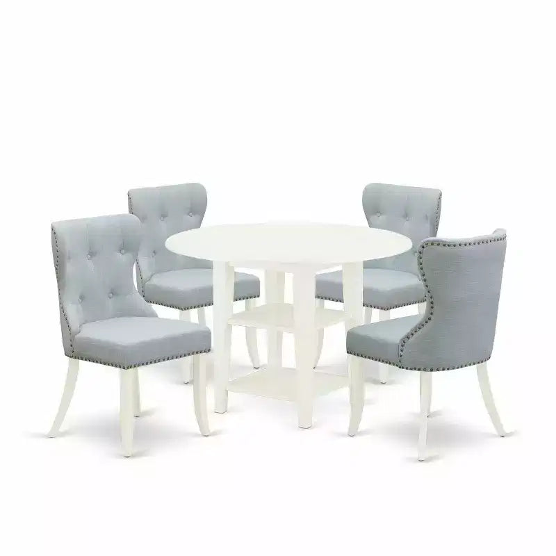 5-Piece Linen White Finish Solid Wood Top - Dining Room Set - Seats 4