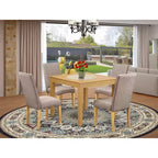 Country Cottage Dining Set - 5Pc Square Table & 4 Chairs - Linen Fabric - Oak Finish