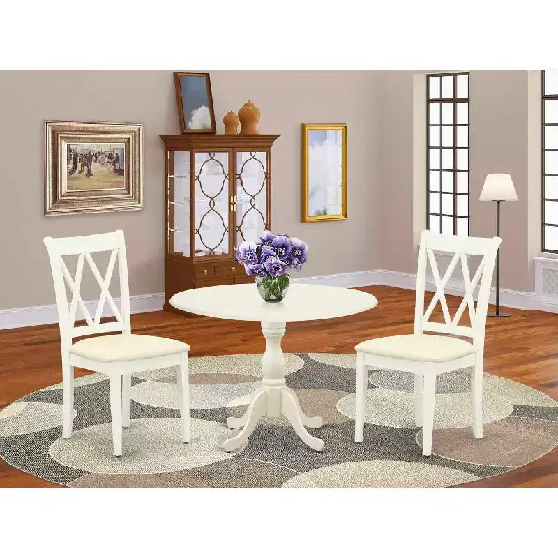 3-Piece Linen White Finish Solid Wood Top - Dining Room Set - Seats 4