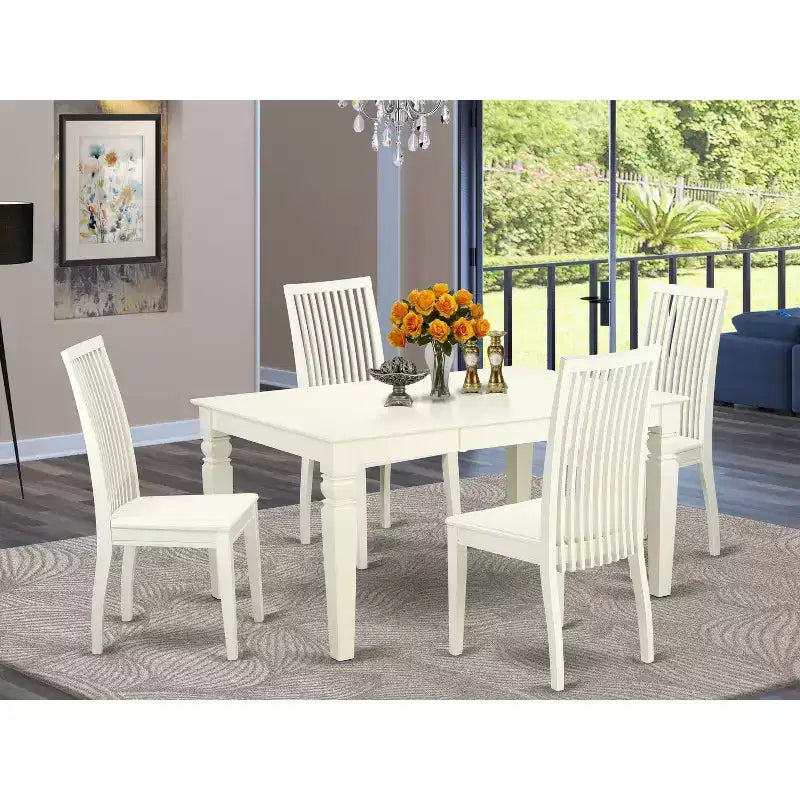 HomeStock 5-Piece Linen White Finish Solid Wood Top Dining table with 4 Chairs