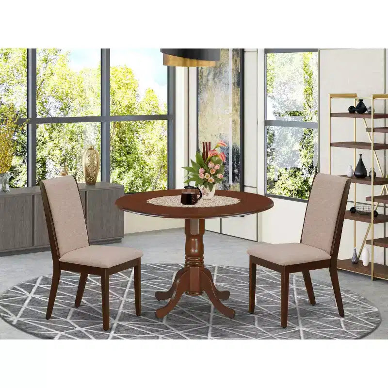 3-Piece Mahogany Finish Solid Wood Top - Round Dining Room Set - Seats 4
