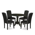 Round Kitchen Table Set 5pc 42 Table w/ Drop Leaves & 4 Parsons Chairs - Black PU Leather