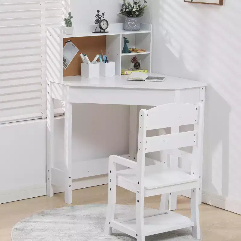 Ensemble bureau et chaise en bois pour enfants - Table d'étude d'angle avec étagère, tableau d'affichage et pot à crayons, bureau d'écriture pour chambre de garçons et filles
