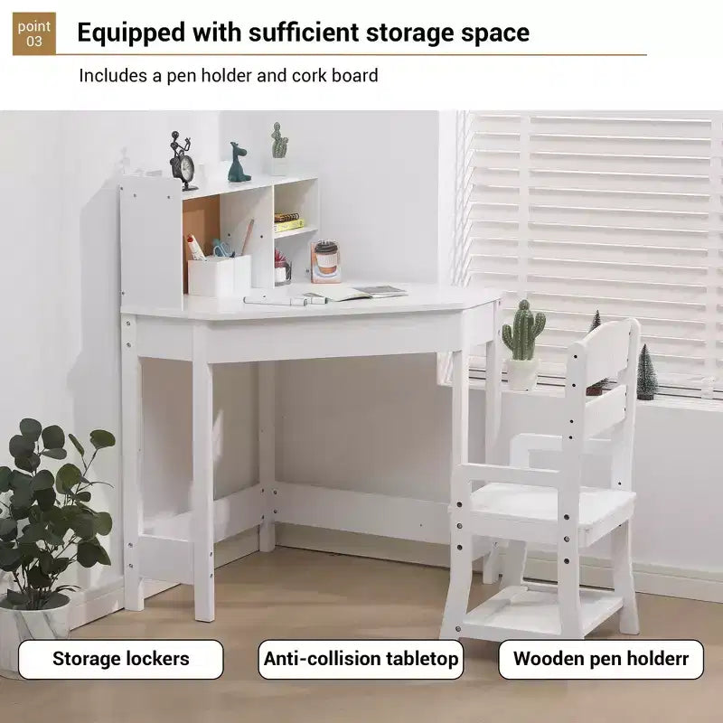 Ensemble bureau et chaise en bois pour enfants - Table d'étude d'angle avec étagère, tableau d'affichage et pot à crayons, bureau d'écriture pour chambre de garçons et filles
