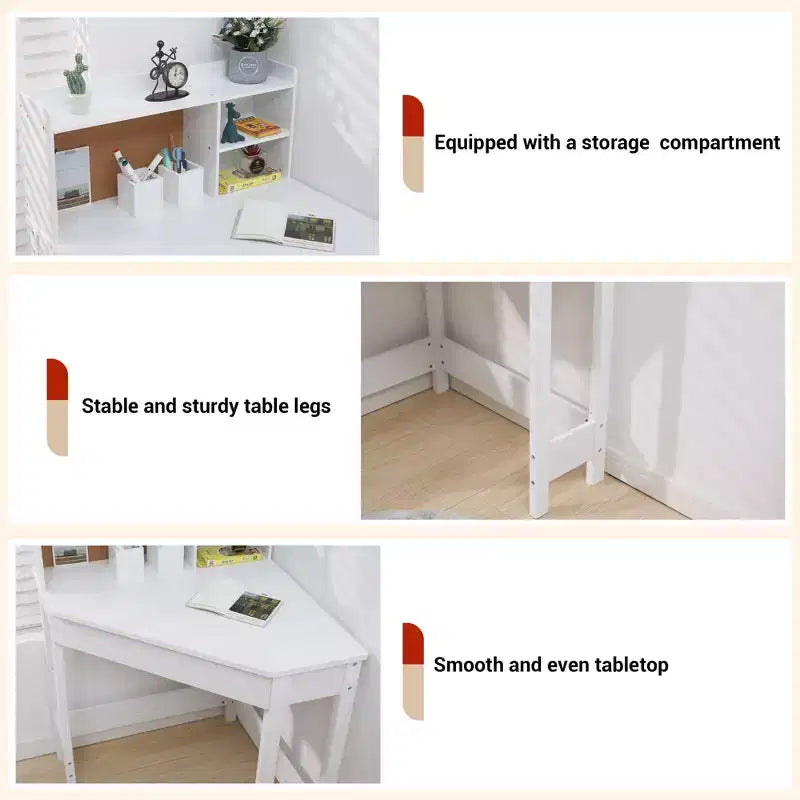 Ensemble bureau et chaise en bois pour enfants - Table d'étude d'angle avec étagère, tableau d'affichage et pot à crayons, bureau d'écriture pour chambre de garçons et filles