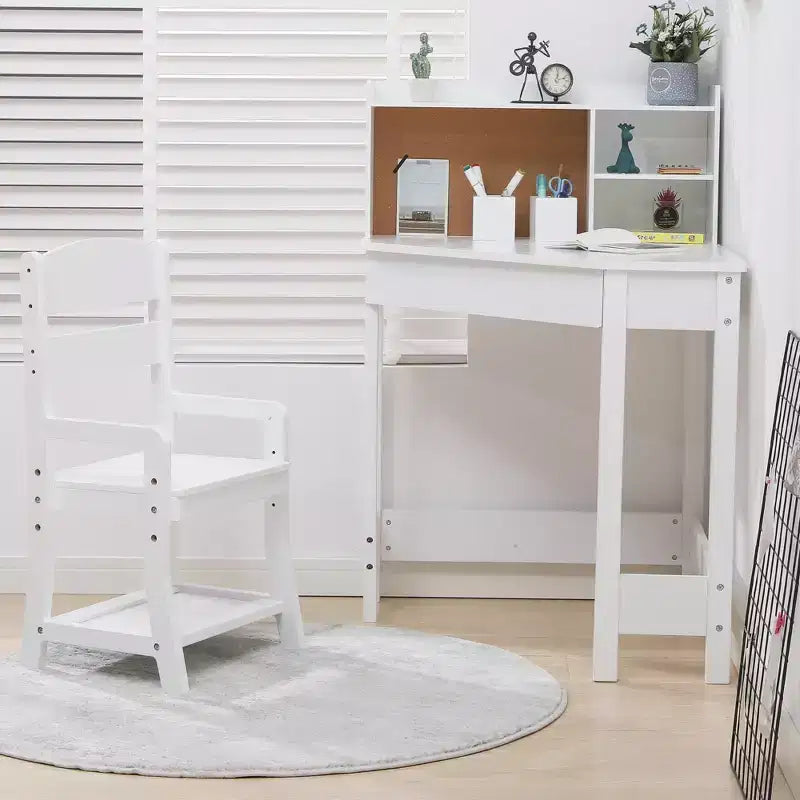 Ensemble bureau et chaise en bois pour enfants - Table d'étude d'angle avec étagère, tableau d'affichage et pot à crayons, bureau d'écriture pour chambre de garçons et filles