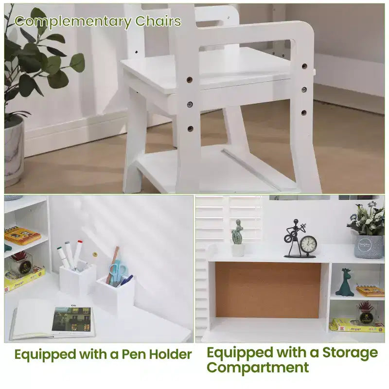 Ensemble bureau et chaise en bois pour enfants - Table d'étude d'angle avec étagère, tableau d'affichage et pot à crayons, bureau d'écriture pour chambre de garçons et filles