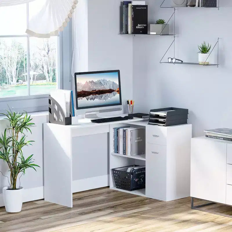 L Shaped Computer Desk, 180Degree Rotating Corner Desk with Storage Shelves, Drawer and Cabinet, Study Workstation for Home Office