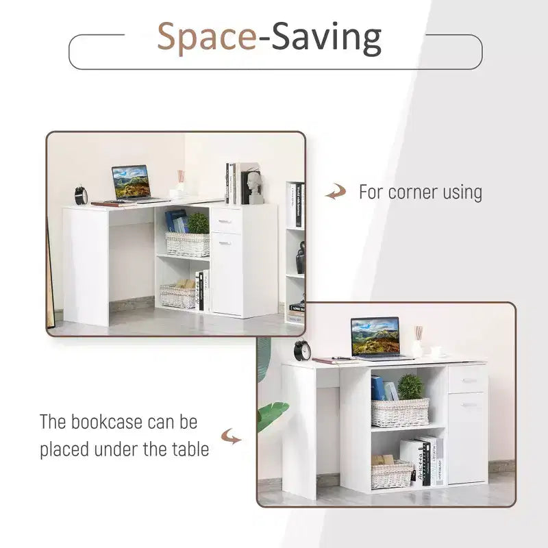 L Shaped Computer Desk, 180Degree Rotating Corner Desk with Storage Shelves, Drawer and Cabinet, Study Workstation for Home Office