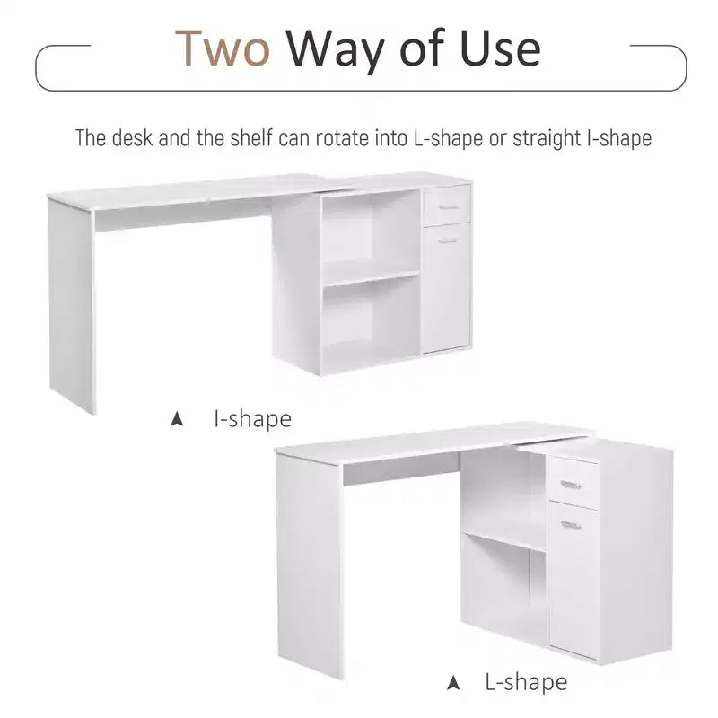 L Shaped Computer Desk, 180Degree Rotating Corner Desk with Storage Shelves, Drawer and Cabinet, Study Workstation for Home Office