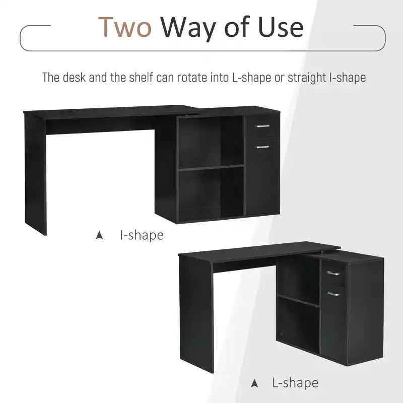 L Shaped Computer Desk, 180Degree Rotating Corner Desk with Storage Shelves, Drawer and Cabinet, Study Workstation for Home Office