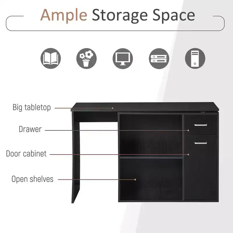 L Shaped Computer Desk, 180Degree Rotating Corner Desk with Storage Shelves, Drawer and Cabinet, Study Workstation for Home Office