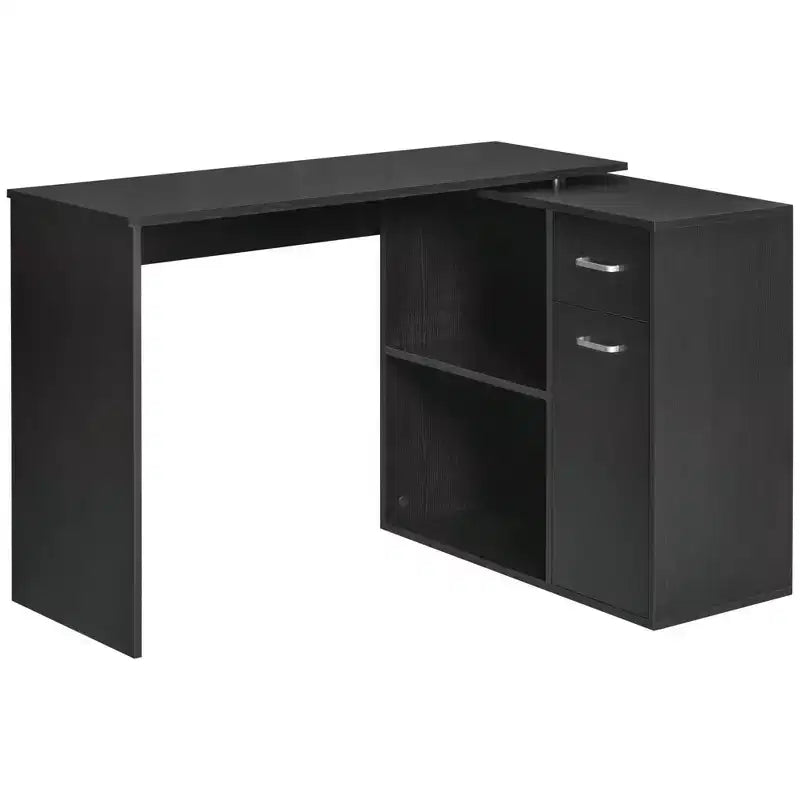 L Shaped Computer Desk, 180Degree Rotating Corner Desk with Storage Shelves, Drawer and Cabinet, Study Workstation for Home Office