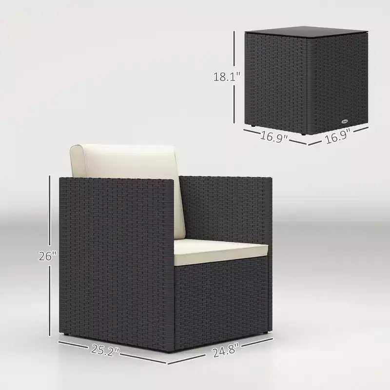 Folding Wicker Bistro Set, 3 Piece Patio Furniture Set with Cushions and Glass Coffee Table for Porch, Balcony