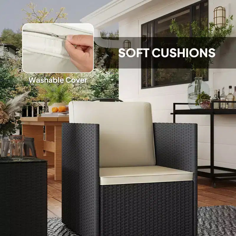 Folding Wicker Bistro Set, 3 Piece Patio Furniture Set with Cushions and Glass Coffee Table for Porch, Balcony